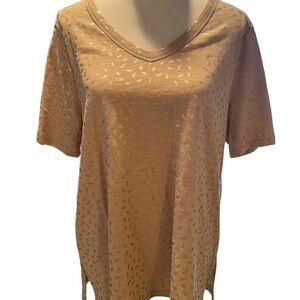 Chico's Tan with Silver Cheetah Patterned V-Neck Short Sleeve Top